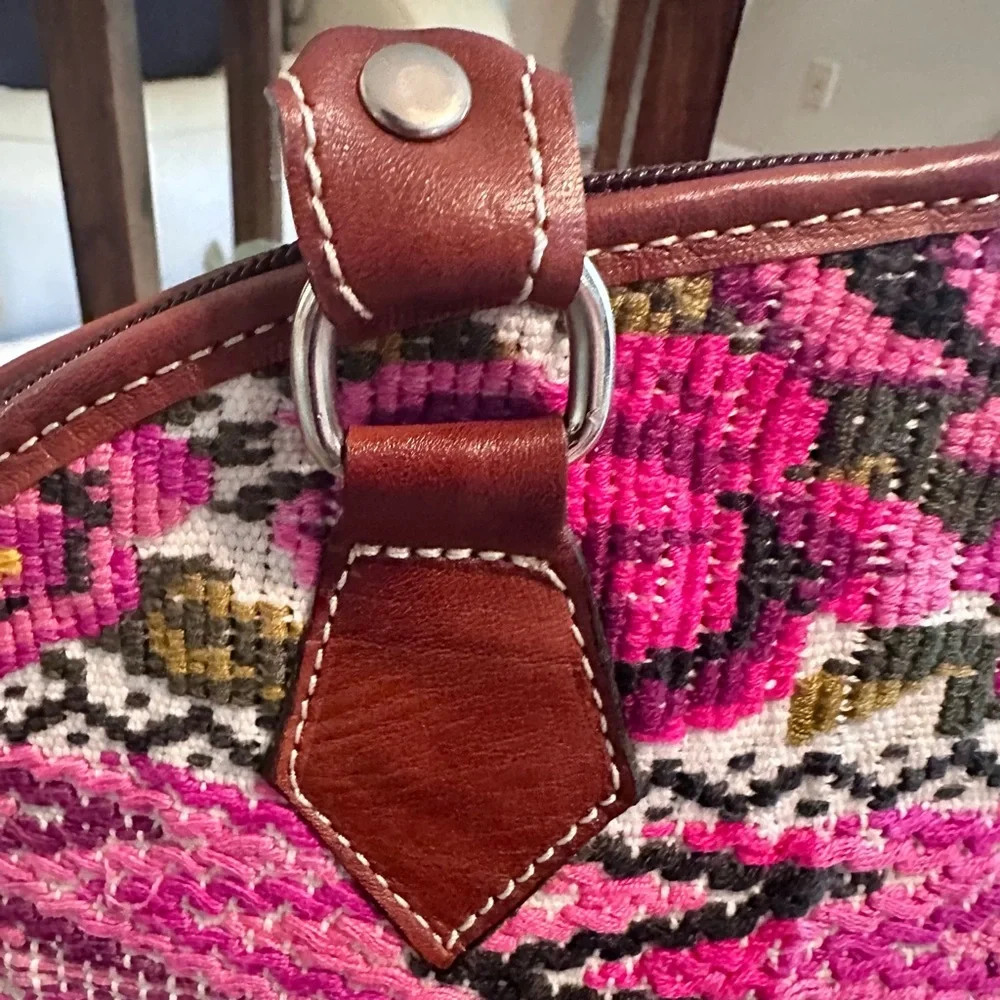 Leather Satchel w/ Pink Floral & Southwestern Pattern Embroidery